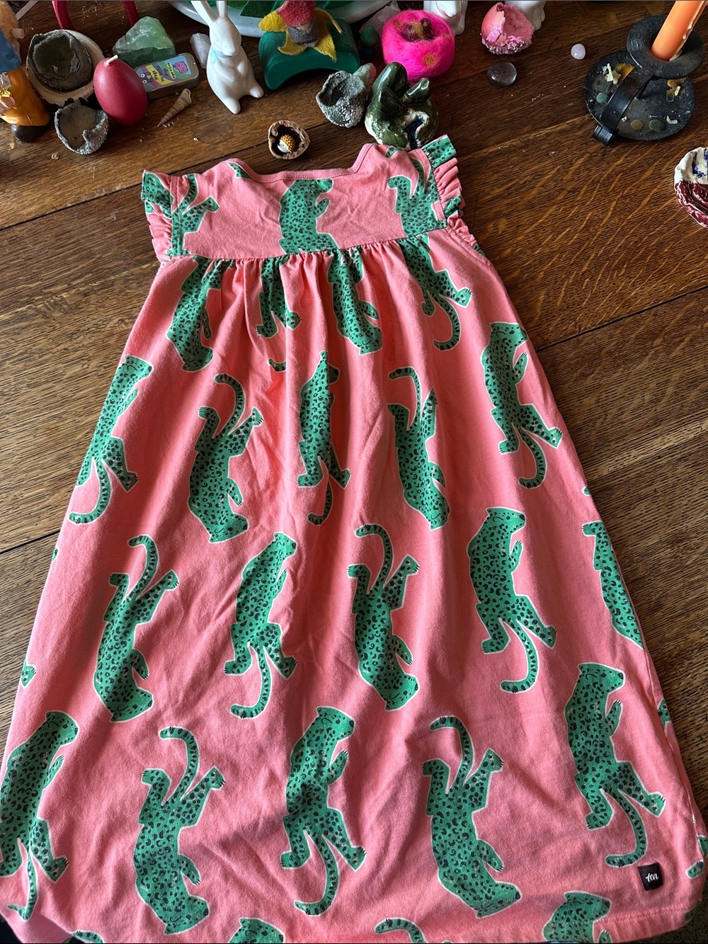 Tea Collection Coral Dress with Green Leopard Print - Picture 3 of 3